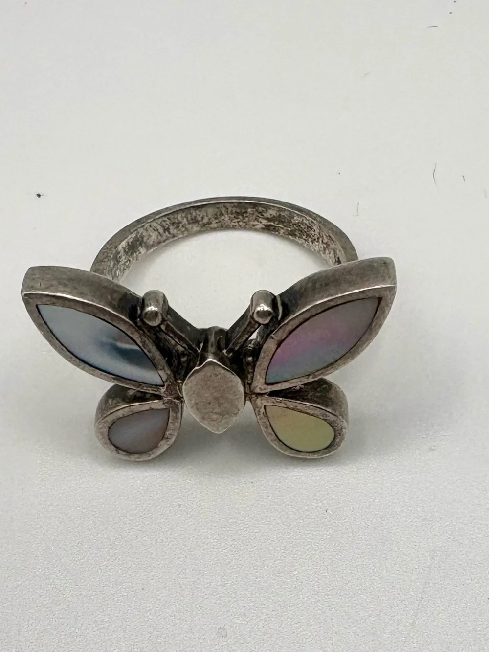 925 Sterling Silver Mother of Pearl Butterfly Statement Ring Size 6.75 6.6g